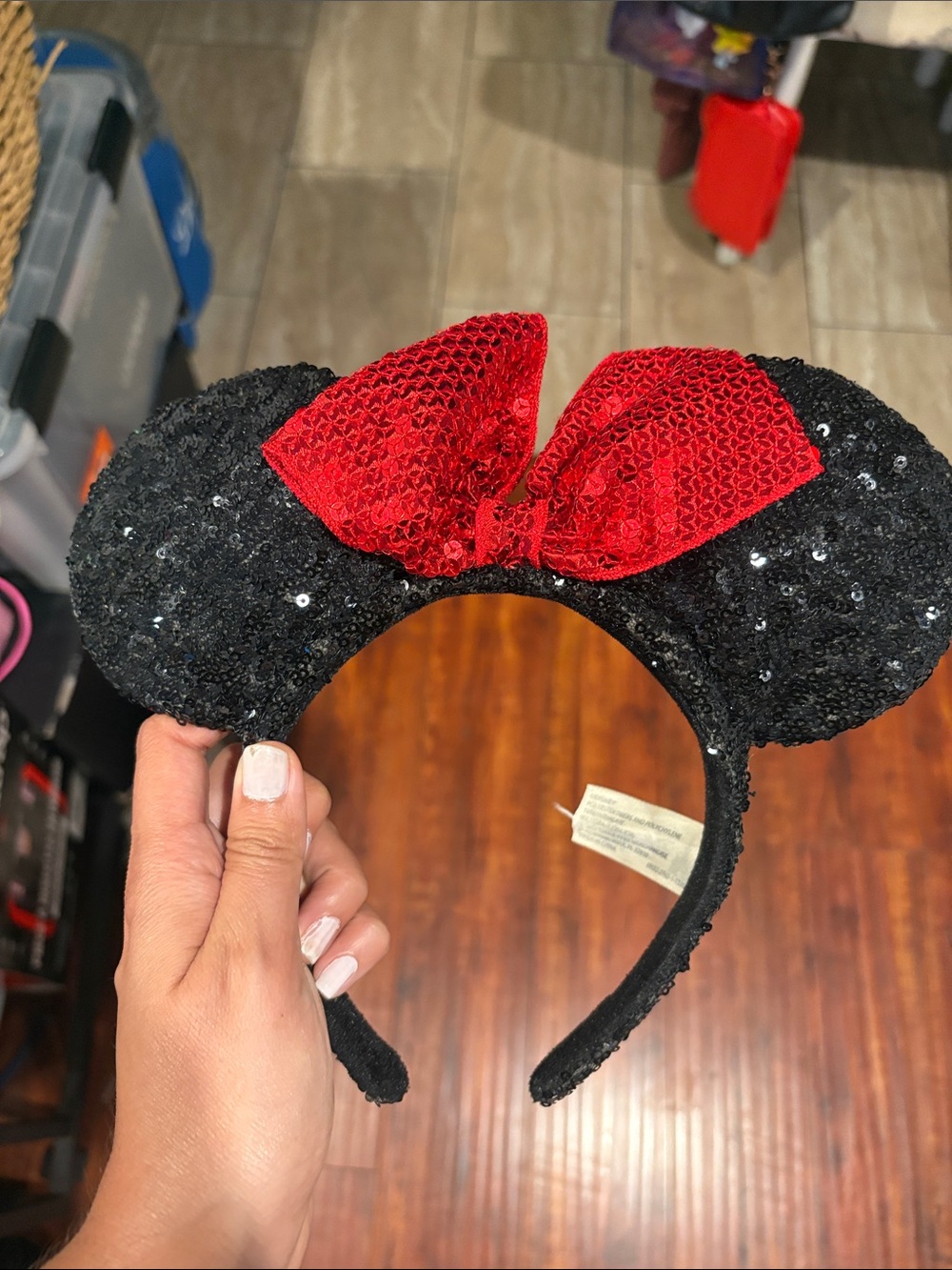 Sequin Minnie Mouse Ears Headband with Red Bow